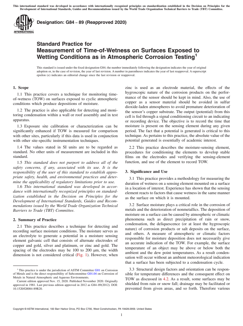 ASTM G84-89(2020) - Standard Practice for Measurement of Time-of-Wetness on Surfaces Exposed to Wetting  Conditions as in Atmospheric Corrosion Testing