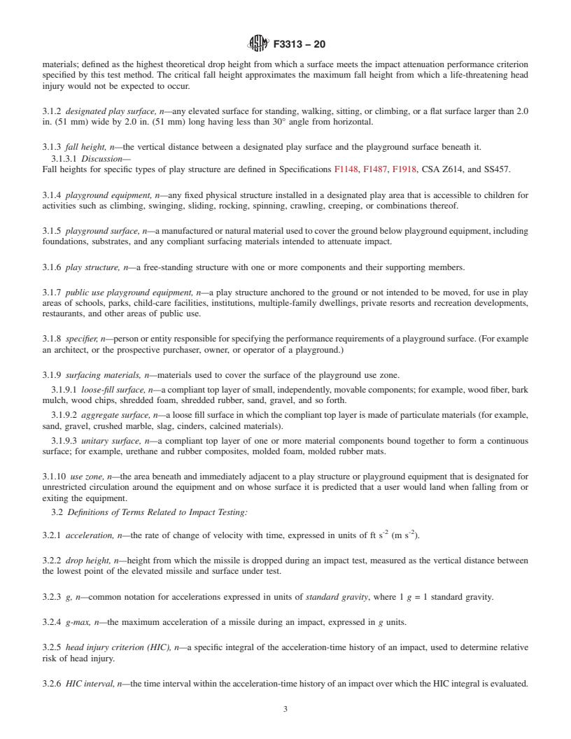 REDLINE ASTM F3313-20 - Standard Test Method for Determining Impact Attenuation of Playground Surfaces Within  the Use Zone of Playground Equipment as Tested in the Field