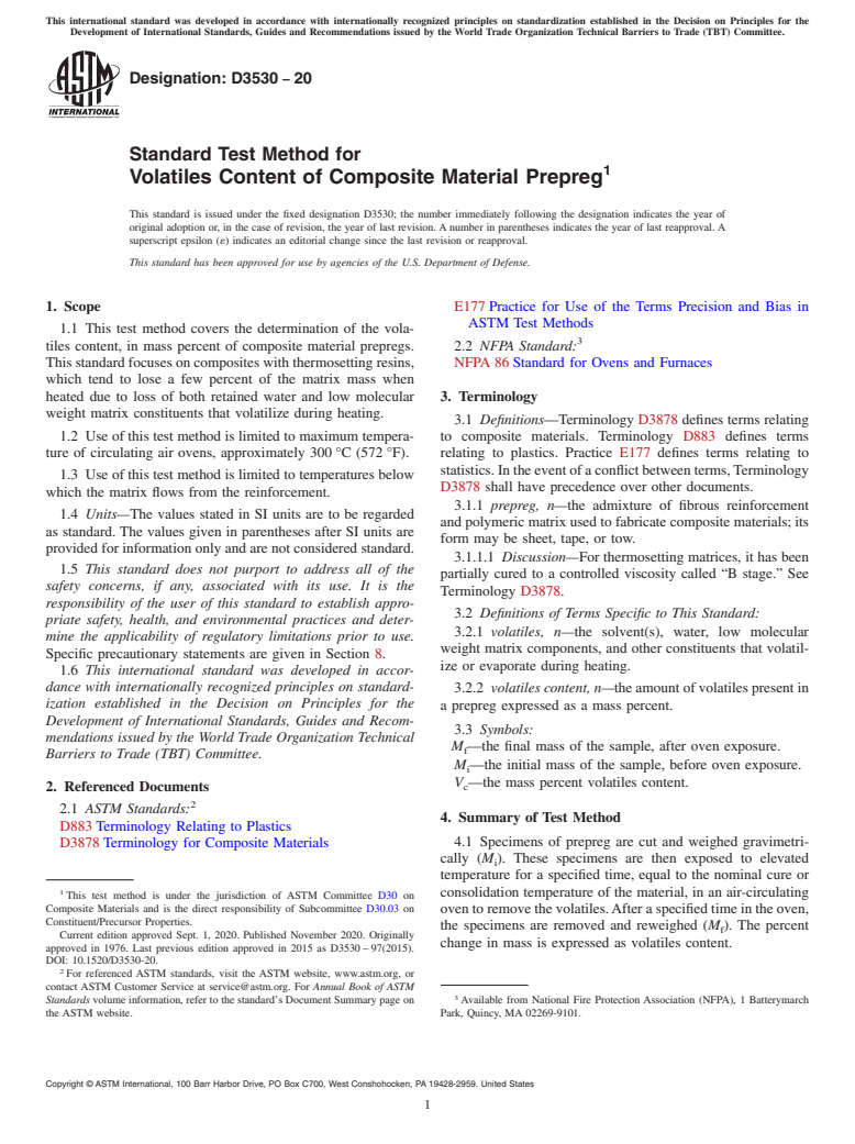 ASTM D3530-20 - Standard Test Method for  Volatiles Content of Composite Material Prepreg
