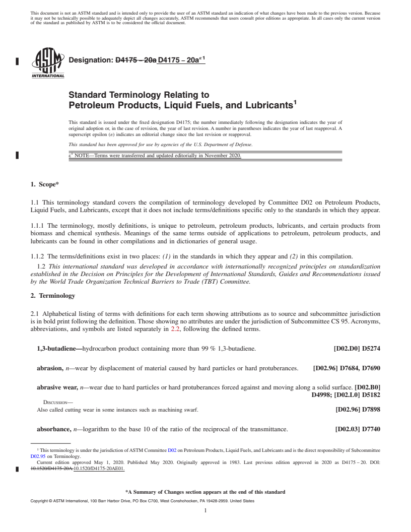 REDLINE ASTM D4175-20ae1 - Standard Terminology Relating to Petroleum Products, Liquid Fuels, and Lubricants