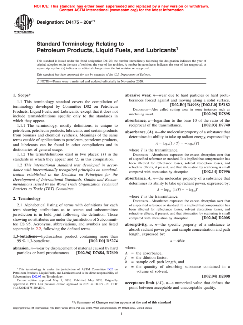 ASTM D4175-20ae1 - Standard Terminology Relating to Petroleum Products, Liquid Fuels, and Lubricants