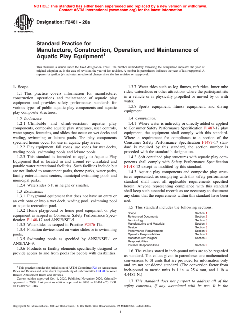 ASTM F2461-20a - Standard Practice for  Manufacture, Construction, Operation, and Maintenance of Aquatic  Play Equipment