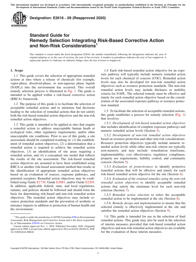 ASTM E2616-09(2020) - Standard Guide for  Remedy Selection Integrating Risk-Based Corrective Action and  Non-Risk Considerations