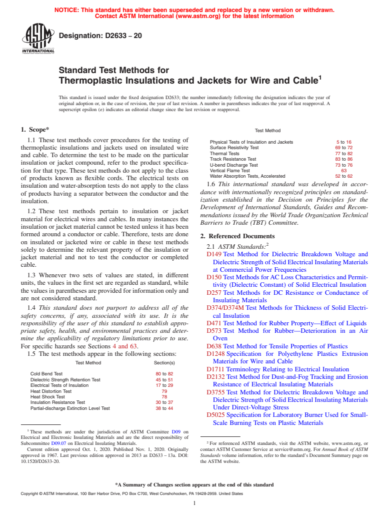 ASTM D2633-20 - Standard Test Methods for  Thermoplastic Insulations and Jackets for Wire and Cable