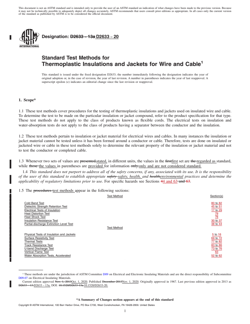 REDLINE ASTM D2633-20 - Standard Test Methods for  Thermoplastic Insulations and Jackets for Wire and Cable