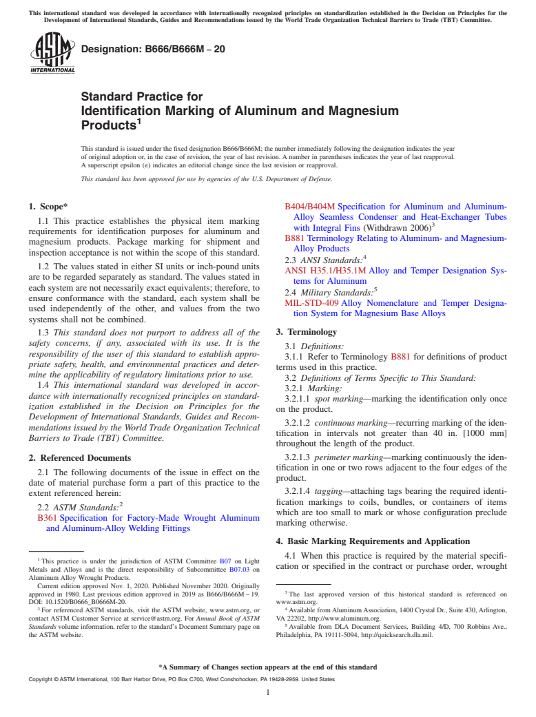ASTM B666/B666M-20 - Standard Practice for  Identification Marking of Aluminum and Magnesium Products