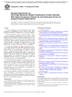ASTM F2695-12(2020) ASTM F2695-12(2020) - Standard Specification for Ultra-High Molecular Weight Polyethylene Powder Blended With Alpha-Tocopherol (Vitamin E) and Fabricated Forms for Surgical Implant Applications - Page 1 preview