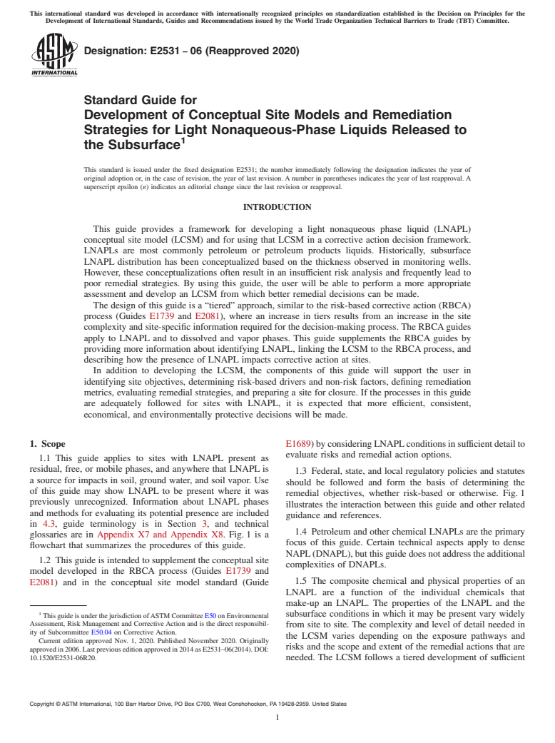 ASTM E2531-06(2020) - Standard Guide for  Development of Conceptual Site Models and Remediation Strategies  for Light Nonaqueous-Phase Liquids Released to the Subsurface