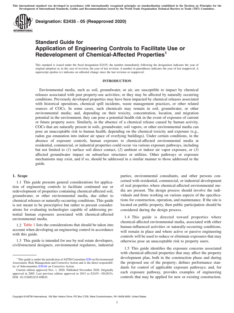 ASTM E2435-05(2020) - Standard Guide for  Application of Engineering Controls to Facilitate Use or Redevelopment    of Chemical-Affected Properties