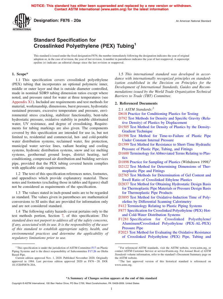 ASTM F876-20a - Standard Specification for  Crosslinked Polyethylene (PEX) Tubing