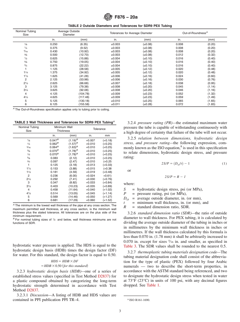 ASTM F876-20a - Standard Specification for  Crosslinked Polyethylene (PEX) Tubing