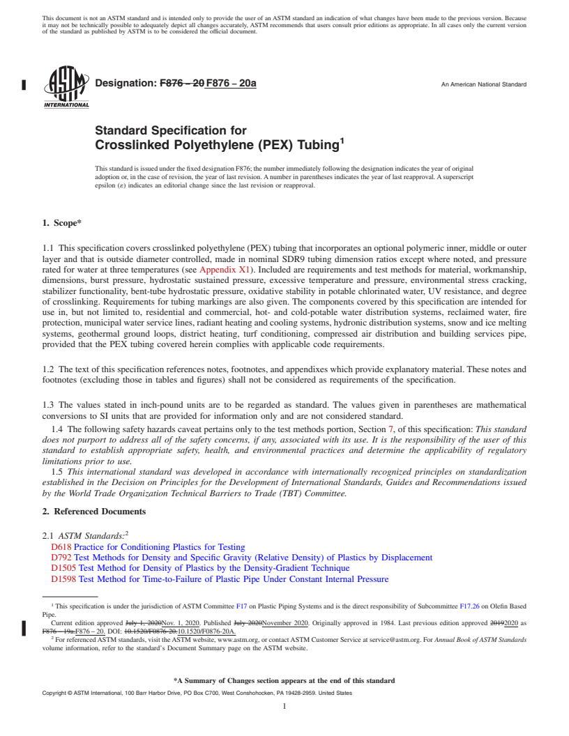 REDLINE ASTM F876-20a - Standard Specification for  Crosslinked Polyethylene (PEX) Tubing