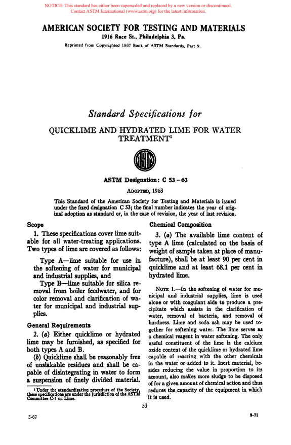 ASTM C53-63 - Specification for Quicklime and Hydrated Lime for Water Treatment (Withdrawn 1981)