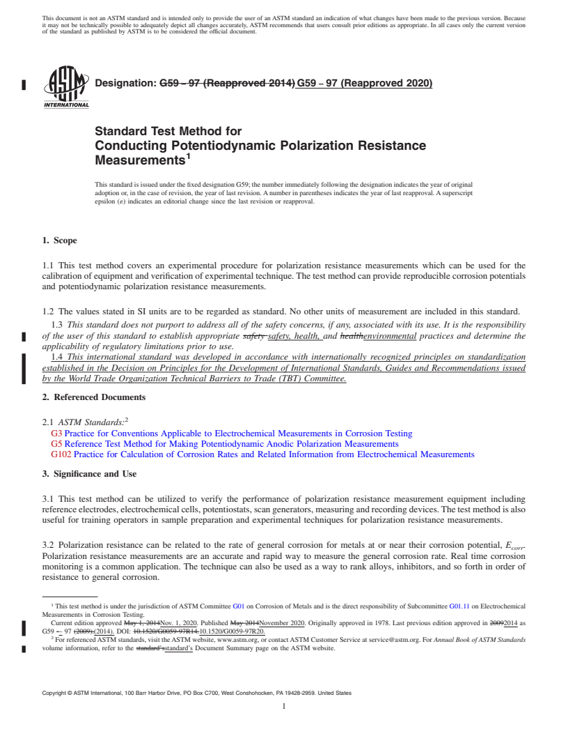 REDLINE ASTM G59-97(2020) - Standard Test Method for Conducting Potentiodynamic Polarization Resistance Measurements