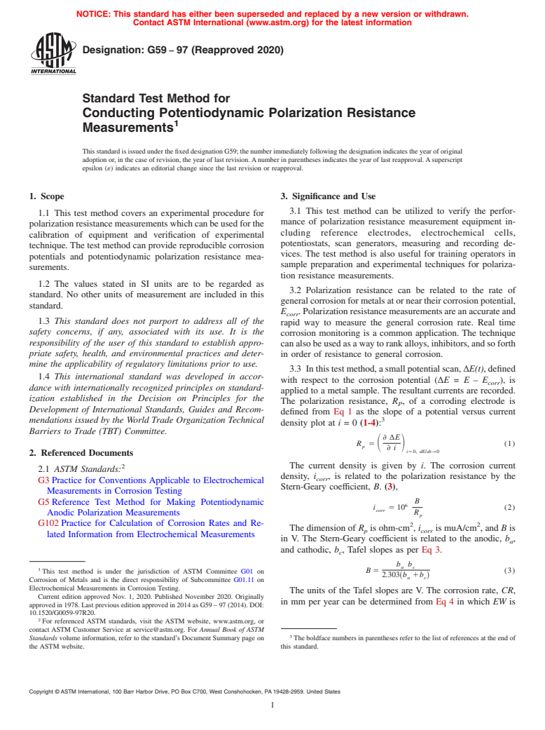 ASTM G59-97(2020) - Standard Test Method for Conducting Potentiodynamic Polarization Resistance Measurements