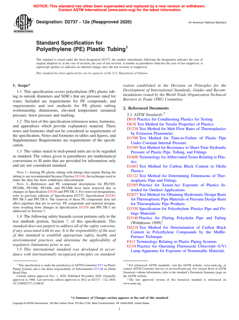 ASTM D2737-12a(2020) - Standard Specification for  Polyethylene (PE) Plastic Tubing