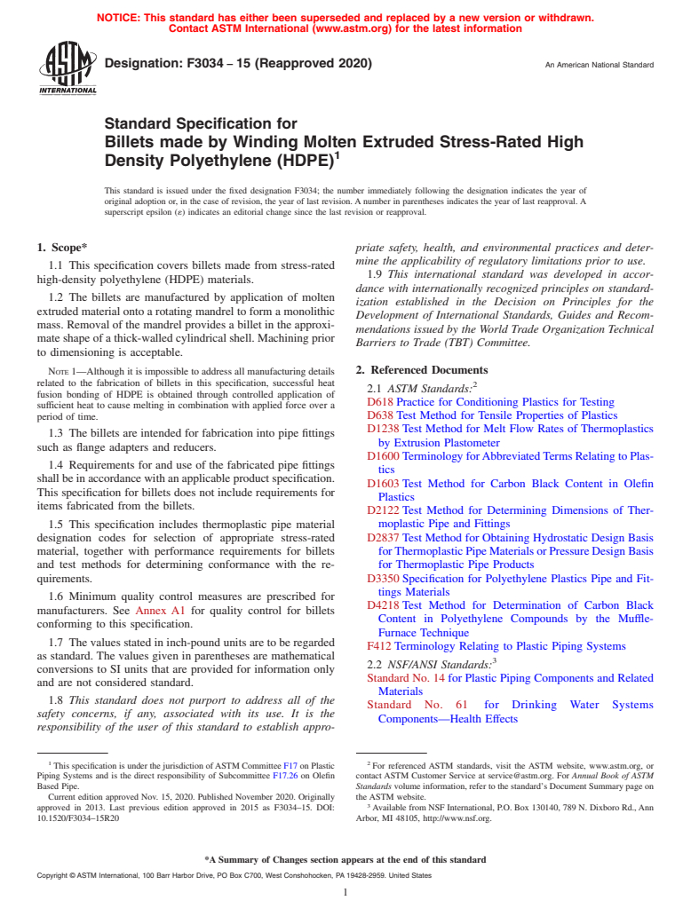 ASTM F3034-15(2020) - Standard Specification for Billets made by Winding Molten Extruded Stress-Rated High Density  Polyethylene (HDPE)