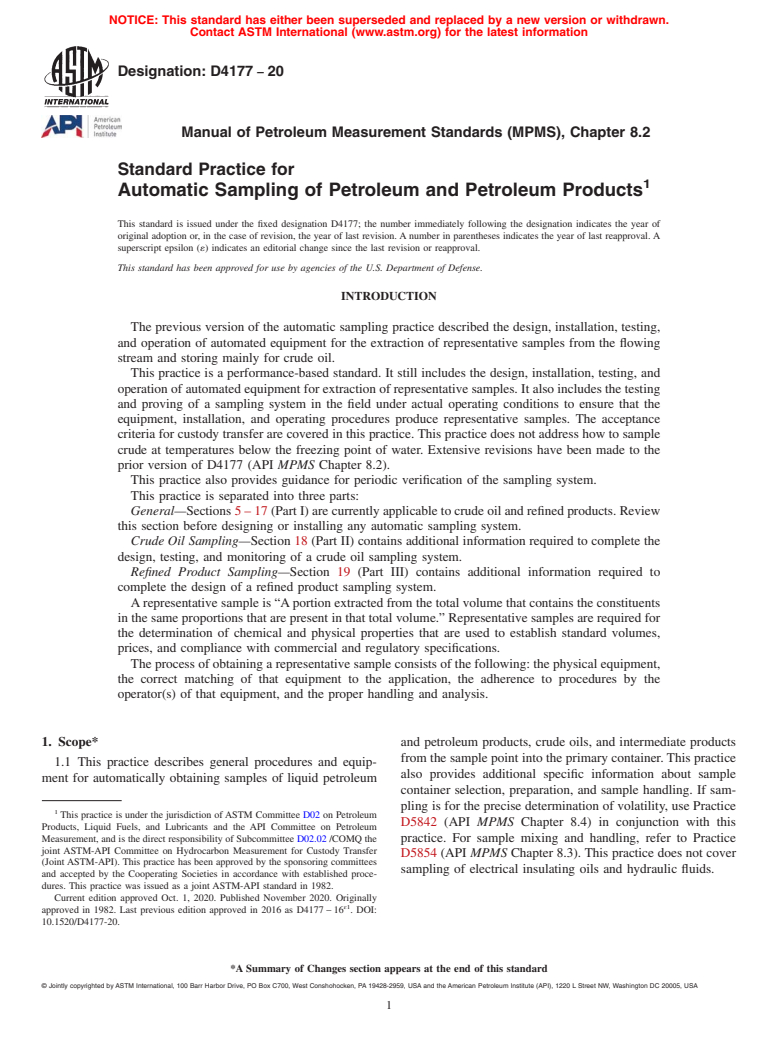 ASTM D4177-20 - Standard Practice for Automatic Sampling of Petroleum and Petroleum Products