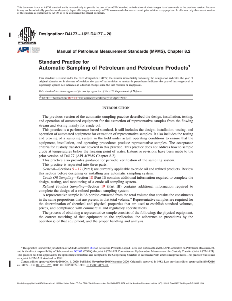 REDLINE ASTM D4177-20 - Standard Practice for Automatic Sampling of Petroleum and Petroleum Products