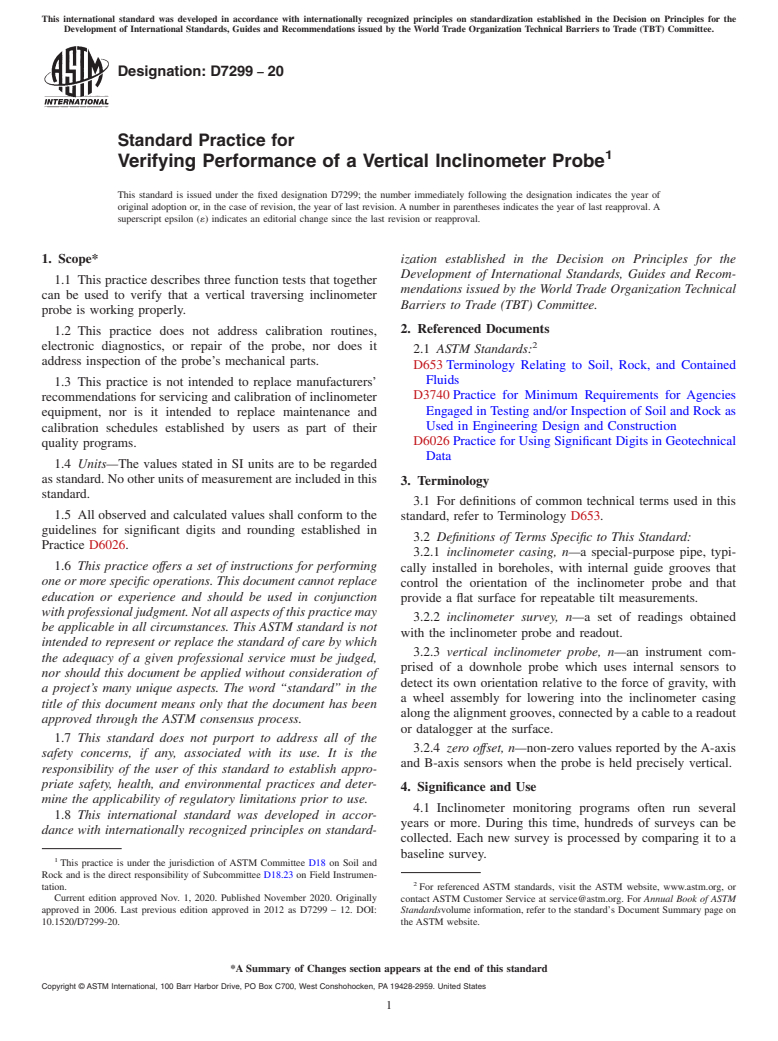 ASTM D7299-20 - Standard Practice for Verifying Performance of a Vertical Inclinometer Probe