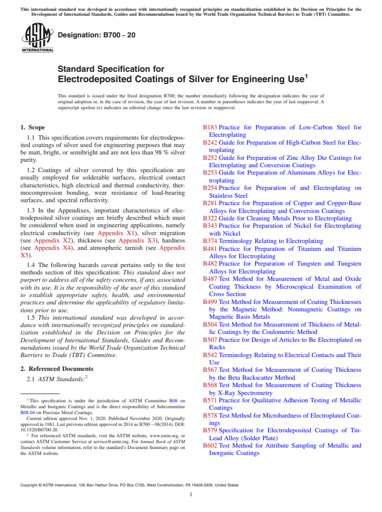 ASTM B700-20 - Standard Specification for Electrodeposited Coatings of Silver for Engineering Use