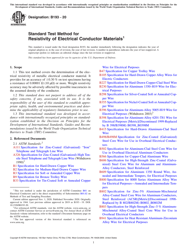 ASTM B193-20 - Standard Test Method for Resistivity of Electrical Conductor Materials