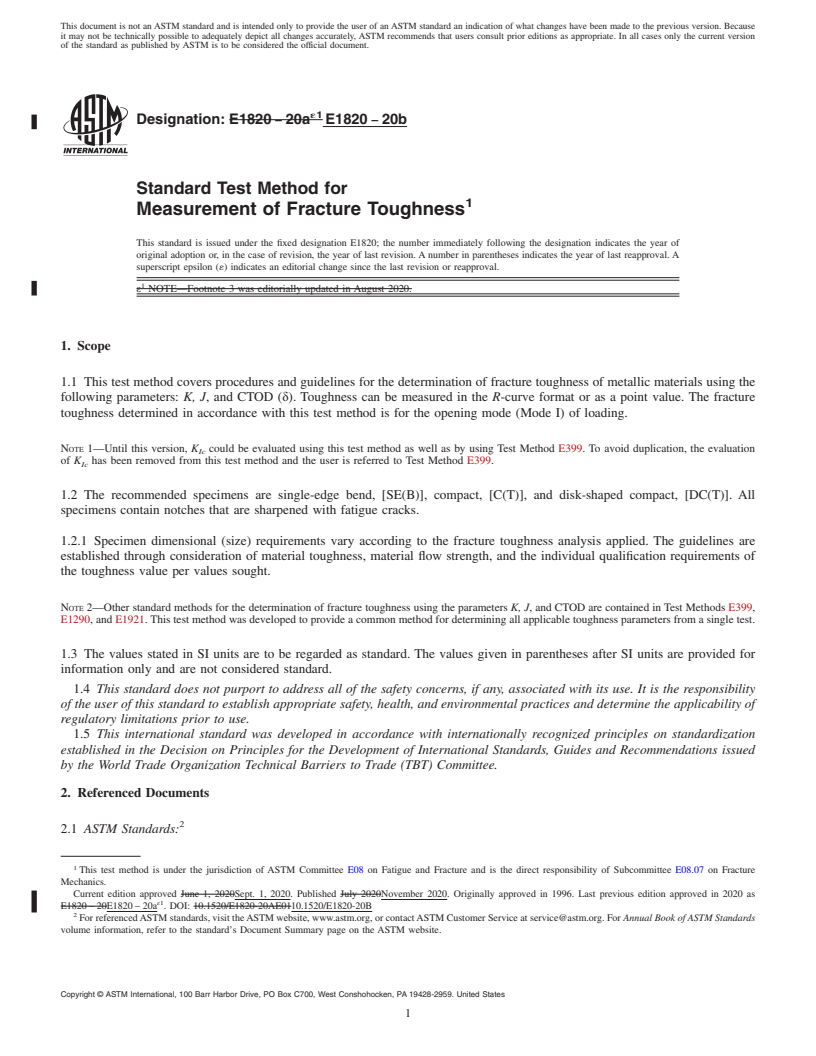 REDLINE ASTM E1820-20b - Standard Test Method for  Measurement of Fracture Toughness