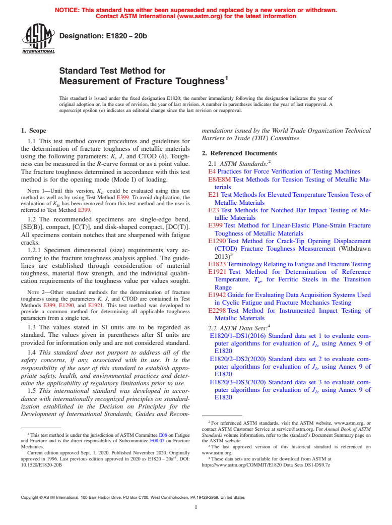 ASTM E1820-20b - Standard Test Method for  Measurement of Fracture Toughness