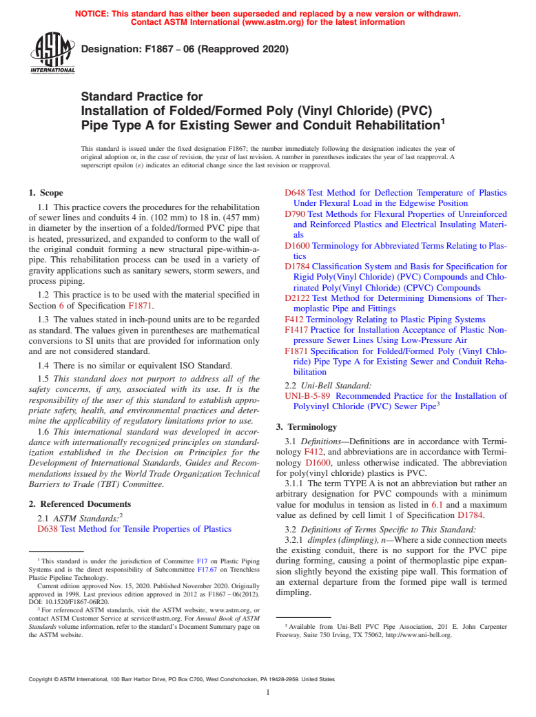 ASTM F1867-06(2020) - Standard Practice for  Installation of Folded/Formed Poly (Vinyl Chloride) (PVC) Pipe   Type A for Existing Sewer and Conduit Rehabilitation