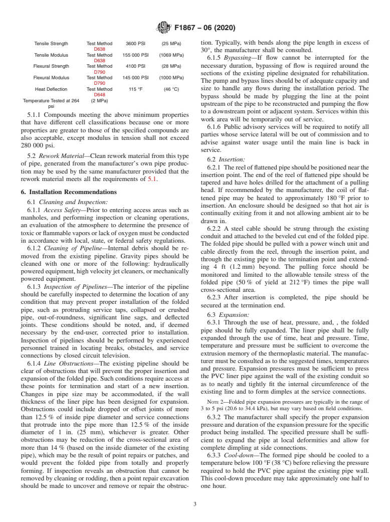 ASTM F1867-06(2020) - Standard Practice for  Installation of Folded/Formed Poly (Vinyl Chloride) (PVC) Pipe   Type A for Existing Sewer and Conduit Rehabilitation