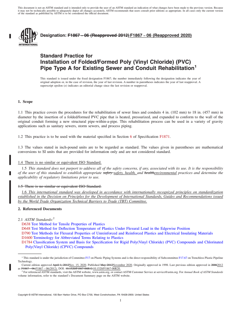 REDLINE ASTM F1867-06(2020) - Standard Practice for  Installation of Folded/Formed Poly (Vinyl Chloride) (PVC) Pipe   Type A for Existing Sewer and Conduit Rehabilitation