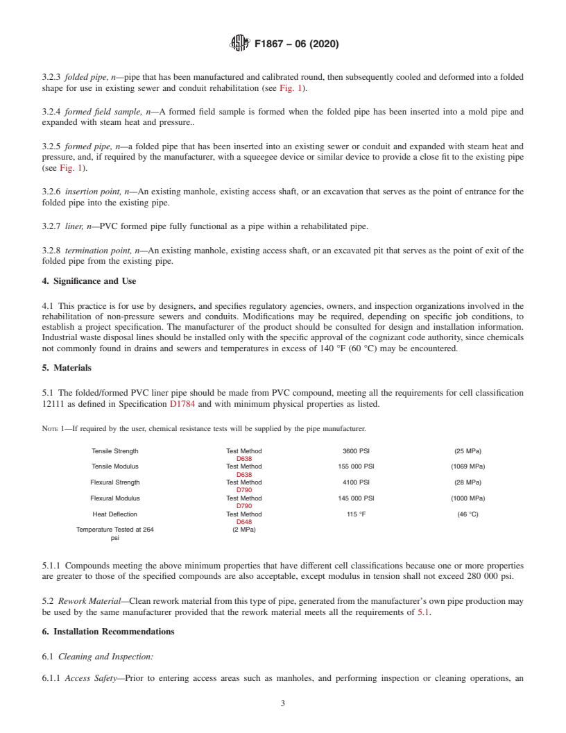 REDLINE ASTM F1867-06(2020) - Standard Practice for  Installation of Folded/Formed Poly (Vinyl Chloride) (PVC) Pipe   Type A for Existing Sewer and Conduit Rehabilitation