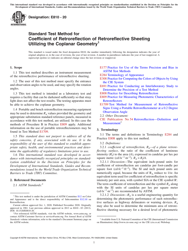 ASTM E810-20 - Standard Test Method for Coefficient of Retroreflection of Retroreflective Sheeting   Utilizing   the Coplanar Geometry
