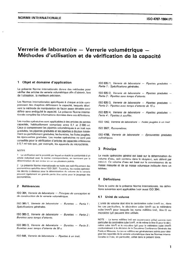 ISO 4787:1984 - Verrerie de laboratoire -- Verrerie volumétrique -- Méthodes d'utilisation et de vérification de la capacité