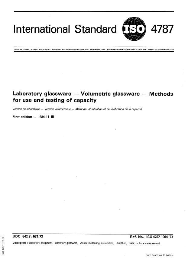 ISO 4787:1984 - Laboratory glassware -- Volumetric glassware -- Methods for use and testing of capacity