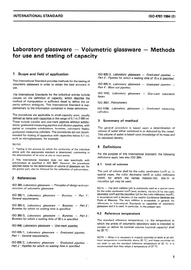 ISO 4787:1984 - Laboratory glassware -- Volumetric glassware -- Methods for use and testing of capacity