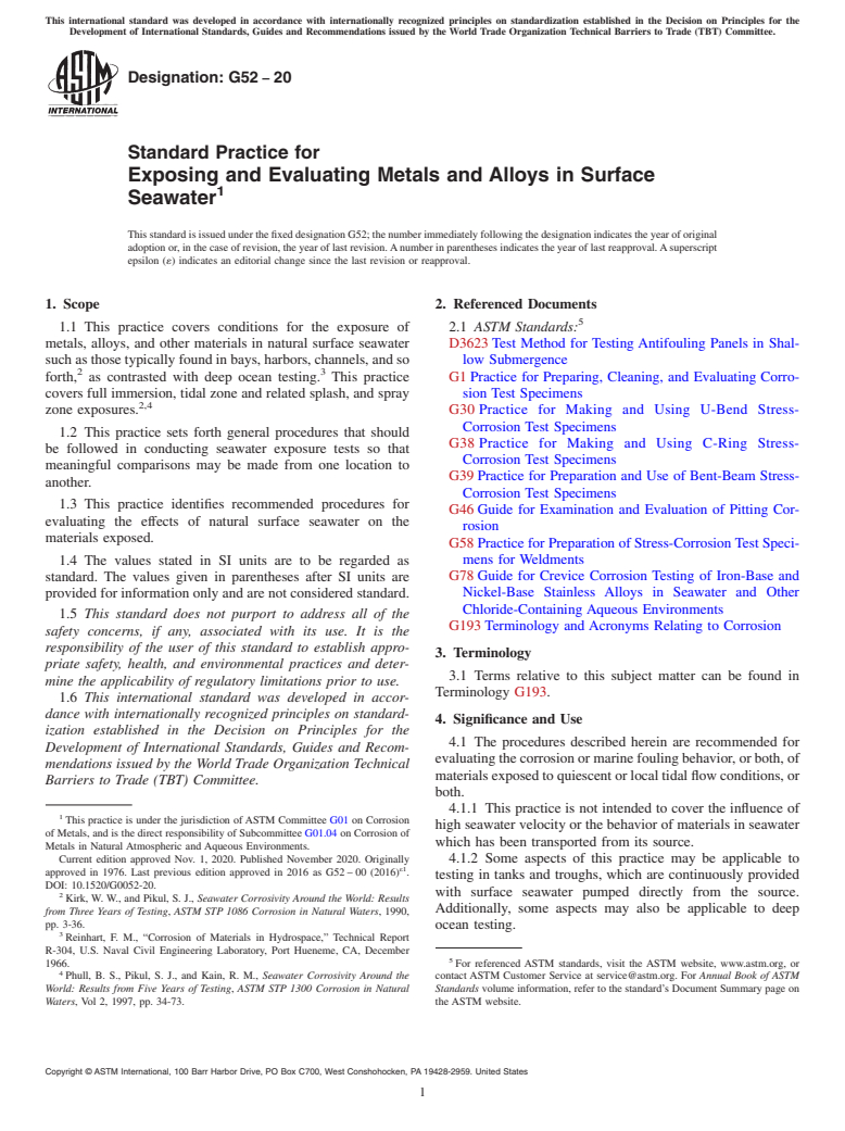 ASTM G52-20 - Standard Practice for Exposing and Evaluating Metals and Alloys in Surface Seawater