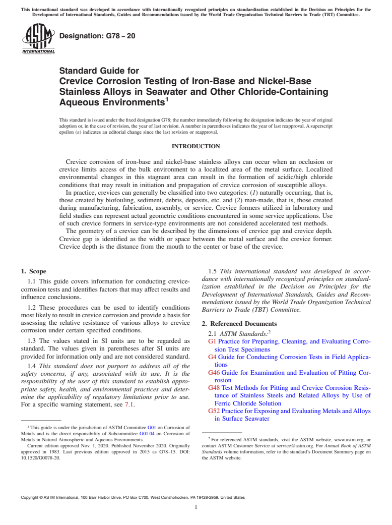 ASTM G78-20 - Standard Guide for Crevice Corrosion Testing of Iron-Base and Nickel-Base Stainless  Alloys in Seawater and Other Chloride-Containing Aqueous Environments