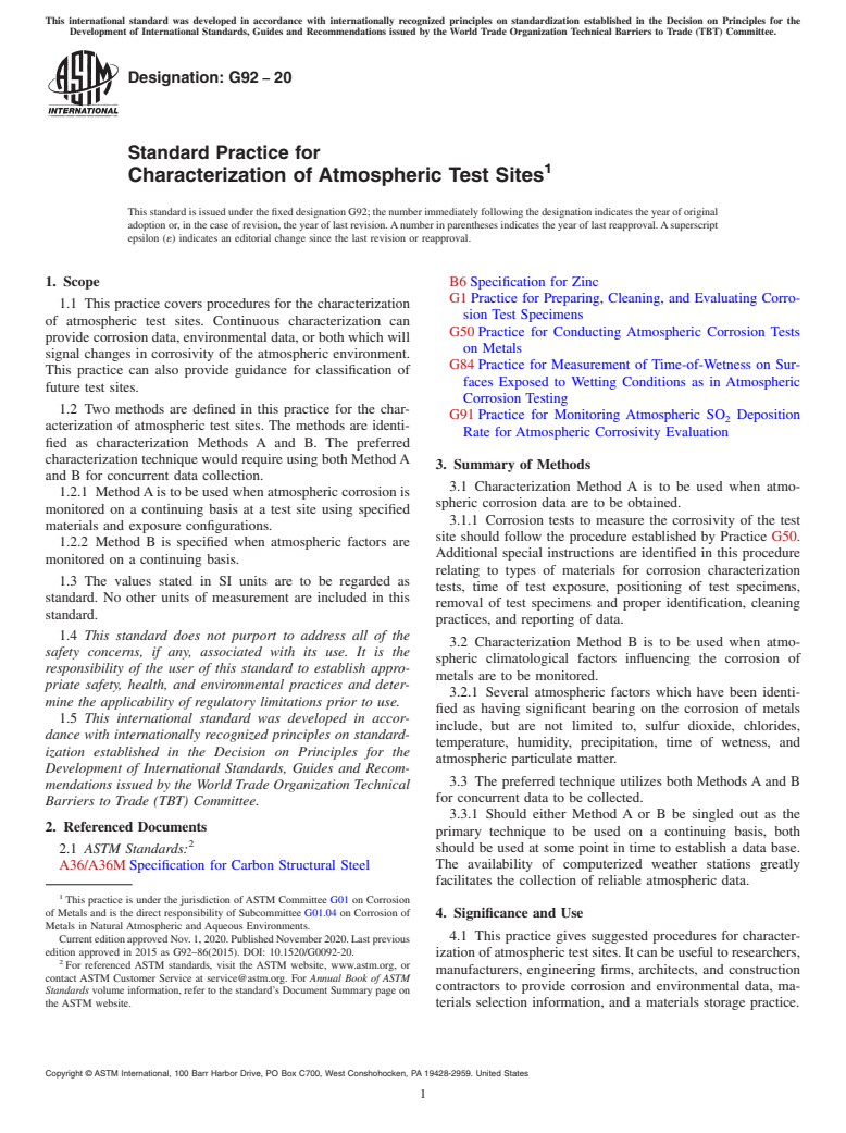 ASTM G92-20 - Standard Practice for Characterization of Atmospheric Test Sites
