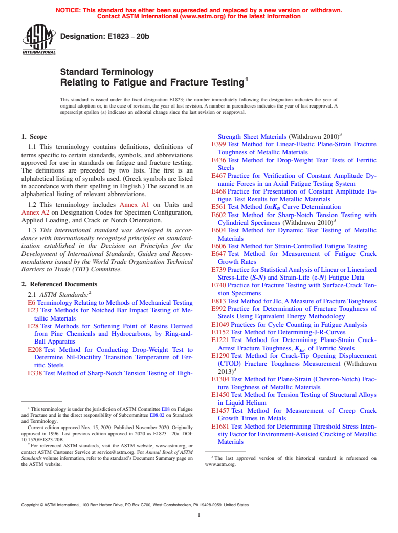 ASTM E1823-20b - Standard Terminology  Relating to Fatigue and Fracture Testing