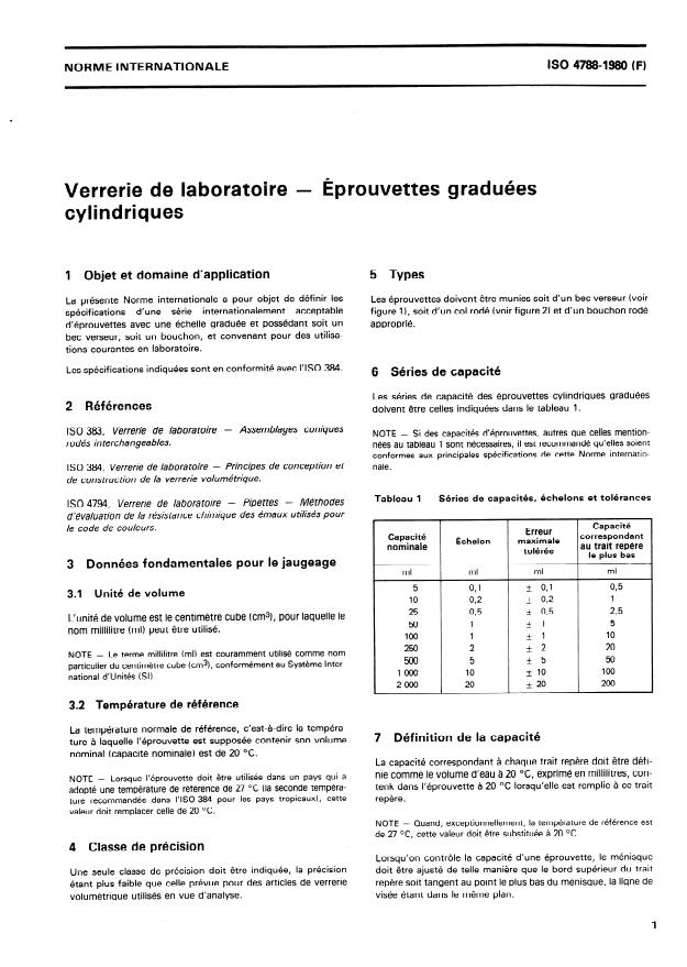 ISO 4788:1980 - Verrerie de laboratoire -- Éprouvettes graduées cylindriques