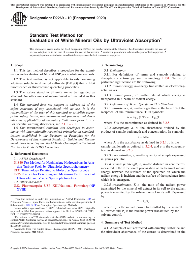 ASTM D2269-10(2020) - Standard Test Method for  Evaluation of White Mineral Oils by Ultraviolet Absorption