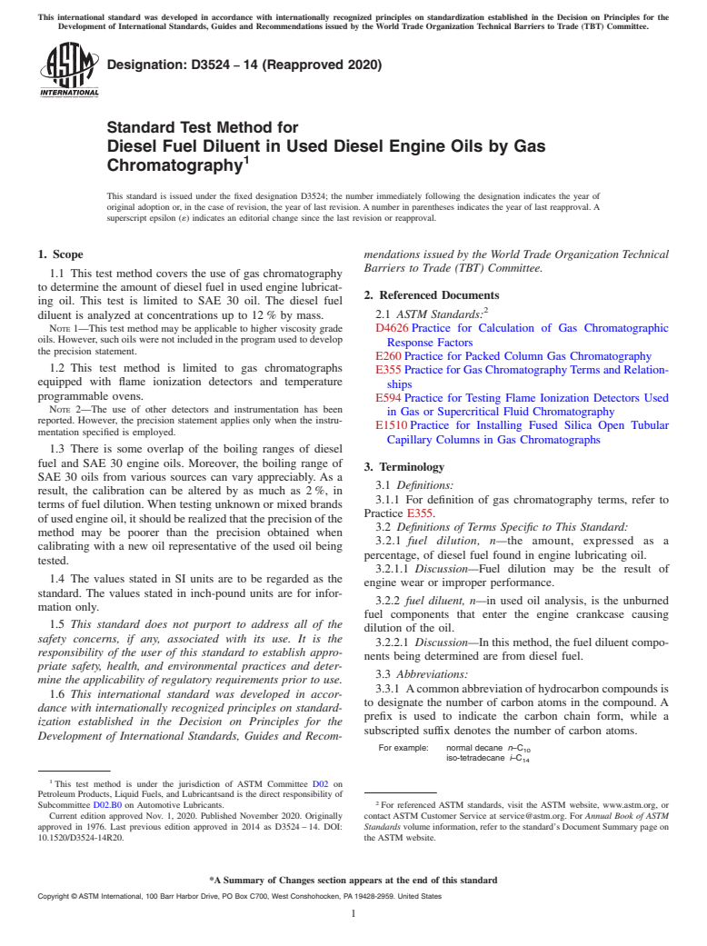 ASTM D3524-14(2020) - Standard Test Method for  Diesel Fuel Diluent in Used Diesel Engine Oils by Gas Chromatography