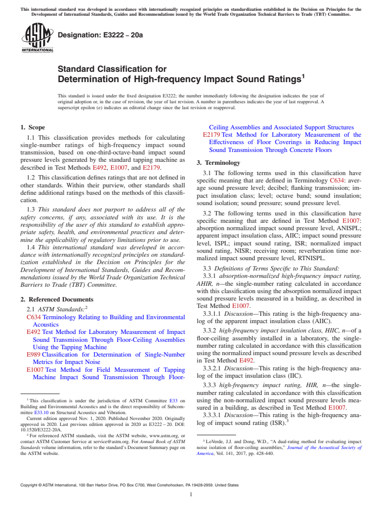 ASTM E3222-20a - Standard Classification for Determination of High-frequency Impact Sound Ratings