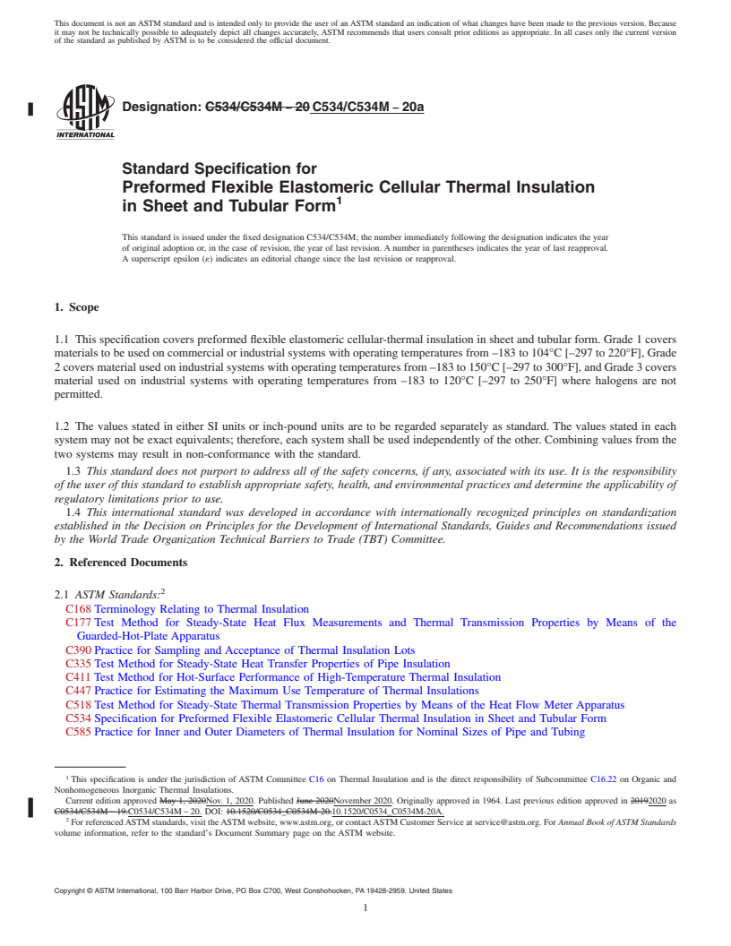 REDLINE ASTM C534/C534M-20a - Standard Specification for Preformed Flexible Elastomeric Cellular Thermal Insulation  in Sheet and Tubular Form