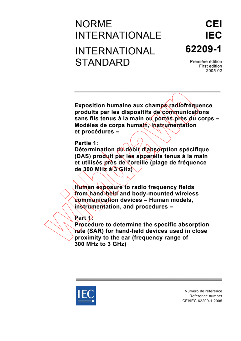 iec62209-1{ed1.0}b - IEC 62209-1:2005 - Human exposure to radio frequency fields from hand-held and body-mounted wireless communication devices - Human models, instrumentation, and procedures - Part 1: Procedure to determine the specific absorption rate (SAR) for hand-held devices used in close proximity to the ear (frequency range of 300 MHz to 3 GHz)
Released:2/18/2005
Isbn:2831878535