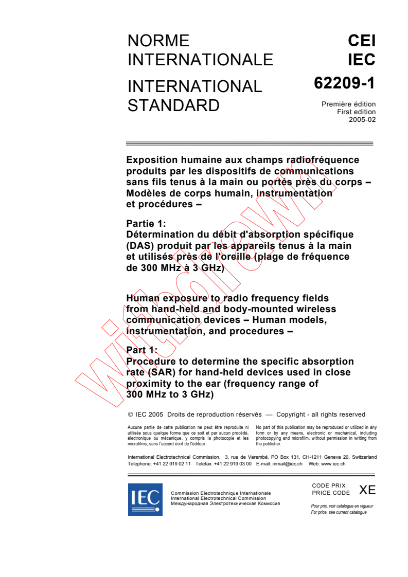 iec62209-1{ed1.0}b - IEC 62209-1:2005 - Human exposure to radio frequency fields from hand-held and body-mounted wireless communication devices - Human models, instrumentation, and procedures - Part 1: Procedure to determine the specific absorption rate (SAR) for hand-held devices used in close proximity to the ear (frequency range of 300 MHz to 3 GHz)
Released:2/18/2005
Isbn:2831878535