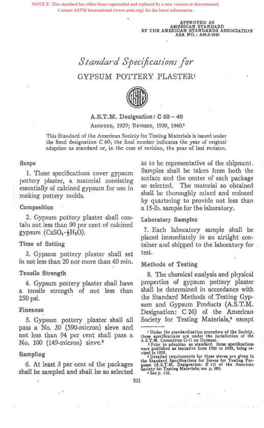 ASTM C60-40 - Specification for Gypsum Pottery Plaster (Withdrawn 1948)