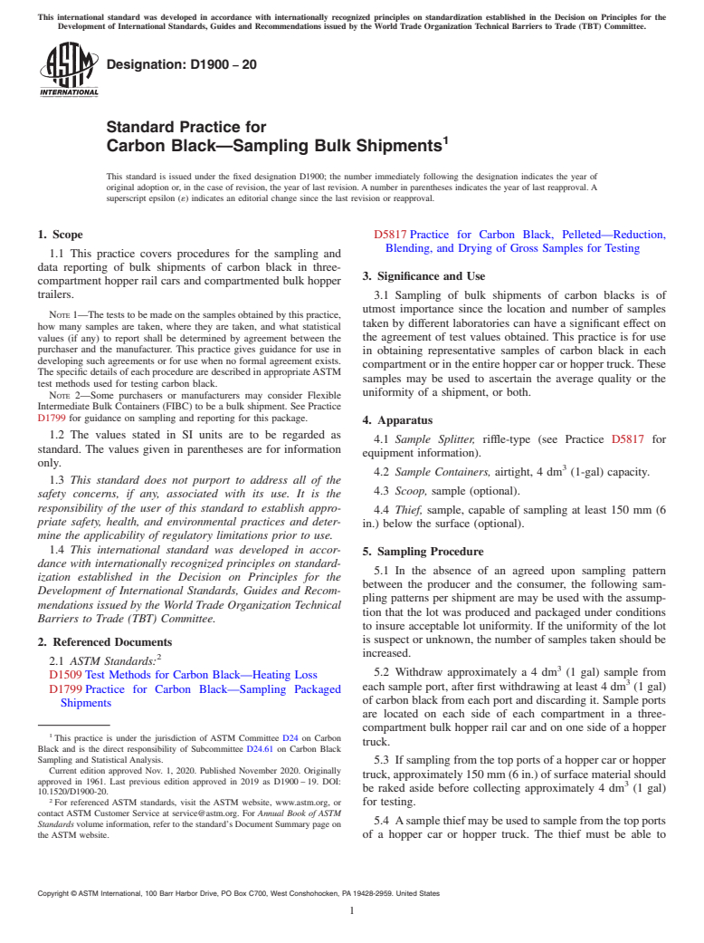 ASTM D1900-20 - Standard Practice for  Carbon Black—Sampling Bulk Shipments