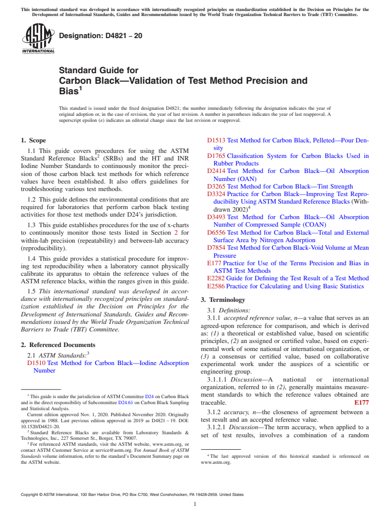 ASTM D4821-20 - Standard Guide for Carbon Black—Validation of Test Method Precision and  Bias